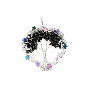 Detailed wire-wrapped tree of life pendant with black stones and rainbow stars