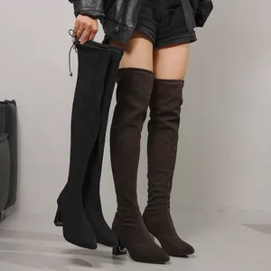 Detail shot of women's suede over-the-knee stretch boots featuring a stylish thick heel