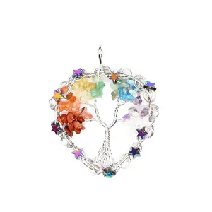 Handmade wire-wrapped tree of life pendant with colorful crushed stone leaves and stars