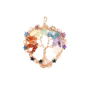 Detailed view of handcrafted Tree of Life pendant with chakra stone chips and stars