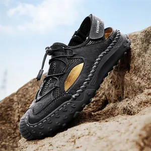 Durable men's genuine leather outdoor sandals with breathable mesh and rugged sole