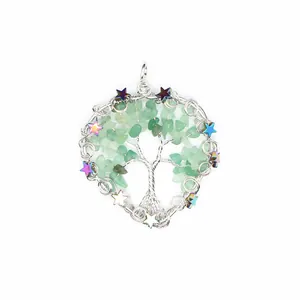 Detailed shot of a silver wire Tree of Life pendant with green stones and stars