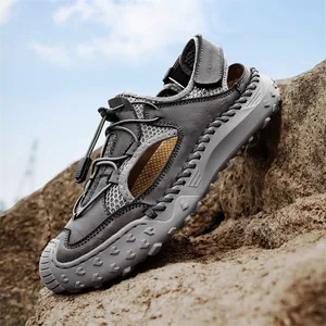 Men's outdoor leather sandals with breathable hollow design and durable rubber sole