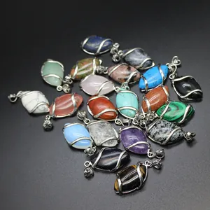 Variety of marquise-shaped natural stone pendants with elegant silver wire-wrapped design.