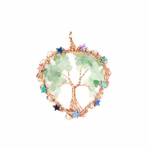 Macro detail of a heart-shaped tree of life pendant with green crystals and rainbow stars