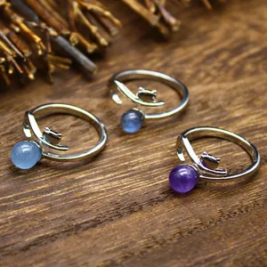 Natural Stone Fox Shape Open Ring For Women Aquamarine Amethyst Labradorite Silver Color Alloy Adjustable Animal Finger Ring