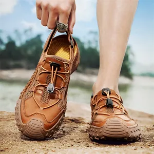 Premium brown leather men's outdoor trekking sandals with toggle laces and lug soles for summer