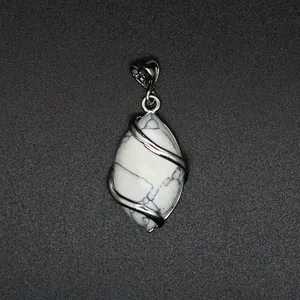 White turquoise marquise stone pendant necklace with silver wire wrap and heart bail