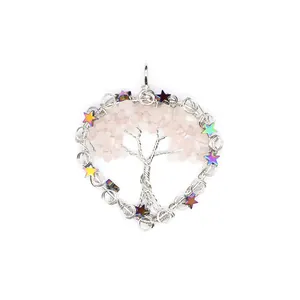 Close-up detail of a handmade Tree of Life pendant with pink stones and colorful stars.