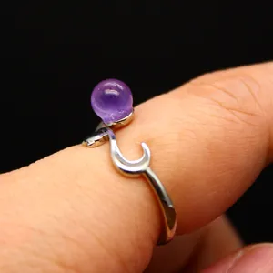 Elegant purple amethyst crystal bead open ring featuring a stylized silver fox design