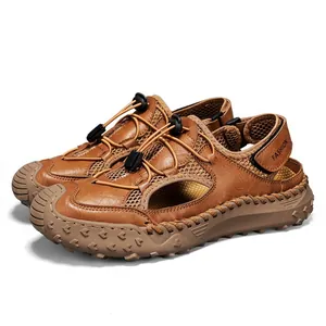Brown men's leather sandals with breathable mesh and elastic drawstring laces