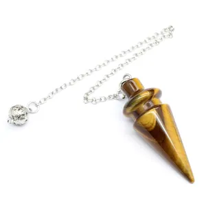Kegelvormige pendel van natuurlijke tijgeroog steen met een fijne zilveren metalen ketting