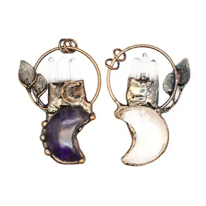 Vintage bronze moon pendant with natural amethyst and crystal cluster leaf accents