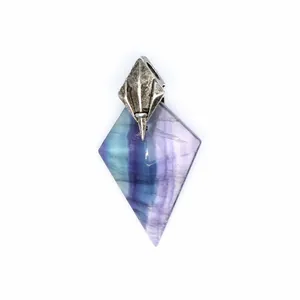 Rhombus cut natural fluorite stone pendant with vintage silver trident style metal bail