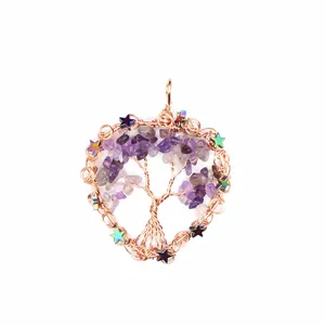 Detail of wire wrapped tree of life heart pendant with amethyst and iridescent stars.