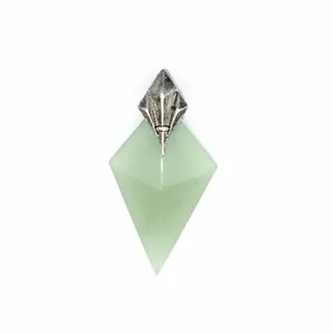 Detailed close-up of a rhombus green natural stone pendant with silver trident design
