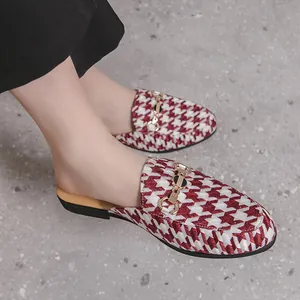 Stylish men's red white houndstooth mules with gold buckle, breathable slip-on loafers.