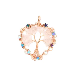 Exquisite detail of handmade Tree of Life pendant with pink crystals and metallic stars