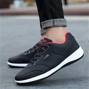 Lightweight men's black leather casual sneakers with red lining and white sole