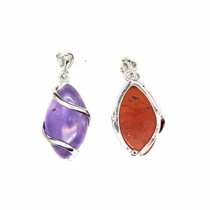Natural Stone Marquise Pendant Hollow Wire Wrapped Heart Bail Copper Zirconia Amethyst Rose Quartz Vintage Jewelry For Women