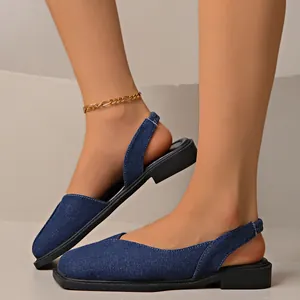 Sandali Slingback da Donna a Punta Quadrata Denim con Stampa Leopardata Scarpe Estive alla Moda con Tacco Basso Ballerine Casual