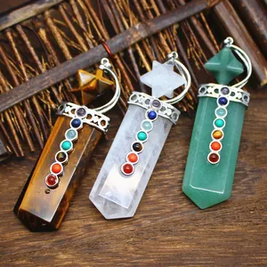 Natural Stone Seven Chakra Energy Crystal Pendant Merkaba Star Sword Shaped Healing Stone Necklace For Women Men Jewelry