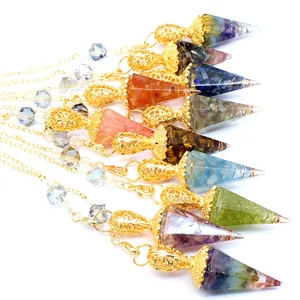 Detailed close-up showing multiple colorful crystal resin cone pendulums with gold chains