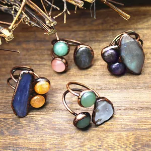 Vintage Natural Stone Raw Crystal Ring For Women Bohemian Irregular Labradorite Amethyst Agate Adjustable Bronze Ring Jewelry Gift