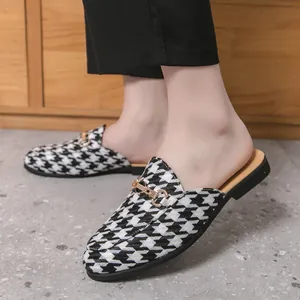Men's Casual Houndstooth Closed Toe Mule Slippers Slip On Loafers With Metal Horsebit Detail Breathable Fashion Shoes