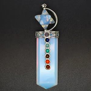 Detailed macro view of a 7 chakra stone sword pendant with opalite and merkaba star
