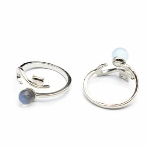 Macro view of fox-shaped adjustable open ring set with natural round blue gemstone