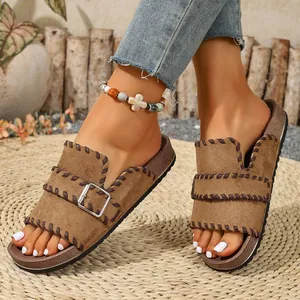 Women Retro Birkenstock Style Platform Slippers Leopard Khaki PU Leather Open Toe Buckle Weave Stitching Outdoor Beach Sandals