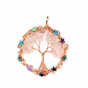 Detailed view of a rose gold Tree of Life pendant with pink quartz and stars.