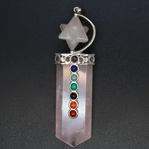 Detailed view of rose quartz sword pendant with 7 chakra stones and Merkaba star.