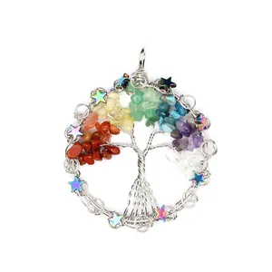 Detailed view of the handcrafted Tree of Life pendant with vibrant chakra stones and stars
