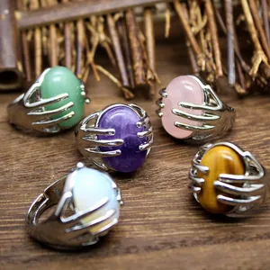 Individual Fashion Natural Stone Hand Palm Ring For Women Adjustable Opening Tiger Eye Amethyst Rose Quartz Unique Jewelry