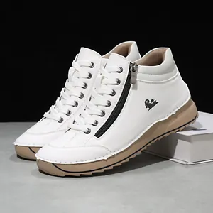White high-top women's casual shoes with tan soft sole and side zipper detail