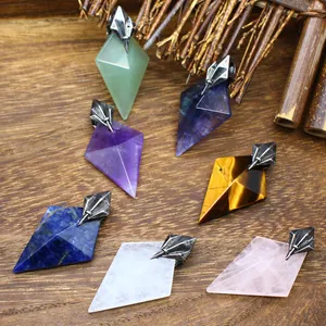 Retro Natural Stone Poseidon Trident Pendant Necklace For Women Men Rhombus Geometric Crystal Healing Stone Jewelry Gift