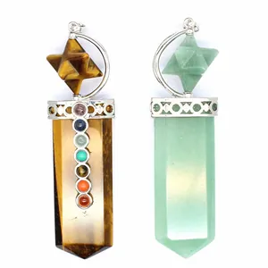 Tiger eye and green aventurine crystal pendants with 7 chakra stones and Merkaba star.
