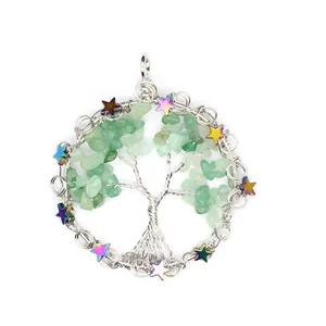 Detail view of Tree of Life pendant with green stone chips and star charms