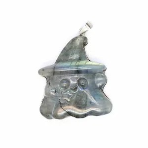Macro detail of natural labradorite wizard ghost pendant showing blue iridescent flash
