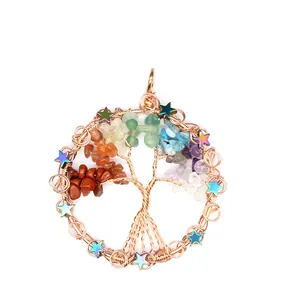 Detailed view of handmade Tree of Life pendant with multicolor natural stones and stars