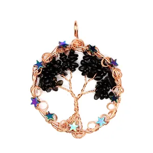 Detailed macro view of a rose gold wire-wrapped tree of life pendant with black stones