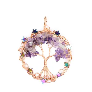 Detail view of a handcrafted Tree of Life pendant with purple amethyst chips and stars