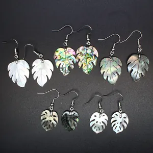 Pendientes Colgantes de Concha de Abulón Natural con Hoja de Monstera para Mujer Joyería de Nácar de Estilo Tropical