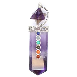 Detailed view of amethyst chakra pendant with Merkaba star and sword shape design