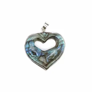 Detailed macro view of a natural heart-shaped labradorite pendant with fine carvings