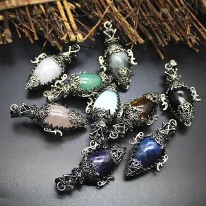 Detail of antique silver egg-shaped crystal bottle pendants in various colors