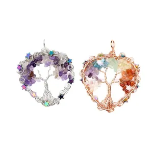 Handmade wire wrapped Tree of Life heart and round pendants with colorful stones