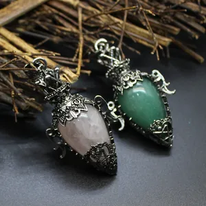 Antique Silver Bottle Egg Shaped Natural Stone Pendulum Pendant Necklace Vintage Pentagram Filigree Jewelry for Women
